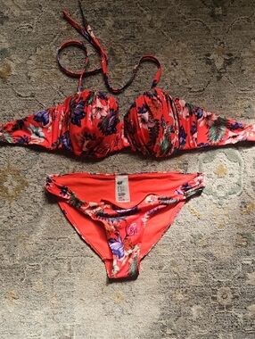 H&M Coral Floral Bandeau Bikini Top with Removable Strap